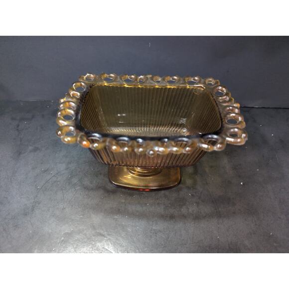 FTDA Amber Glass Candy Dish, Lace Ribbed‎ Pedestal Bowl, VTG Home Decor, Planter - Picture 2 of 11